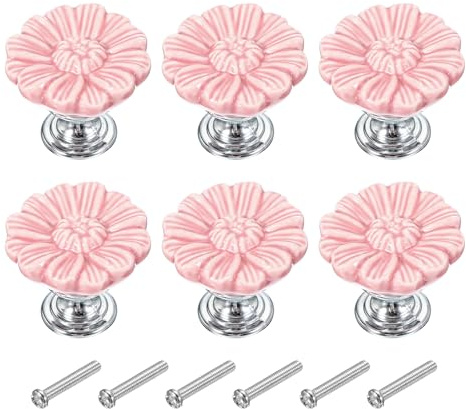 PATIKIL 6 Stück Antike Blumenknöpfe 1-5/16 mit Schraube Pink | Keramik-Runde Schubladenknöpfe Kommodenknöpfe Türbeschläge, Für Küche Badezimmer Schrank Kleiderschrank