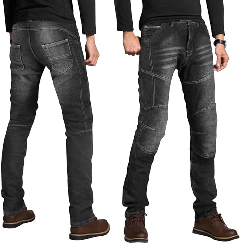 Pantalones Vaqueros de Moto de protección para Hombre con protección de Armadura, homologados CE EN 17092-3:2020 (FR/ES, Medida de la Cintura & Longitud de la Pernera, 42, 34, Negro)