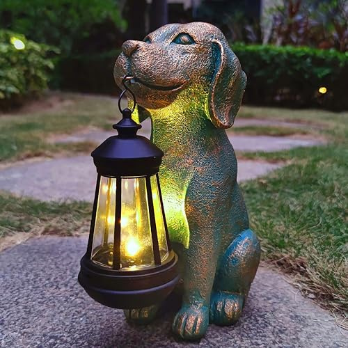 RCTTICUU Dog Garden Statue Outdoor Décor with Solar Lights Lantern,Dog Solar Light Figurines Outside Decorations for Yard，Lawn ,Patio, Balcony, Unique Housewarming Gifts
