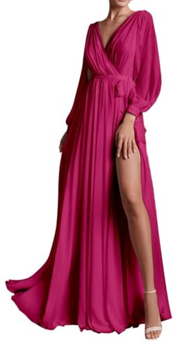 Abito da damigella d'onore a maniche lunghe per matrimonio in chiffon plissettato formale da sera con fessura AH117, Fucsia, 42