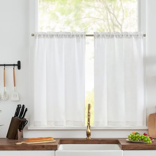 SVUPUE Curtains for Windows Short, 2PCS Semi Kitchen Curtains, 65 x 60cm(WxH) Short Curtain, Net for Windows, White Eyelet, for Bathroom Small Decor