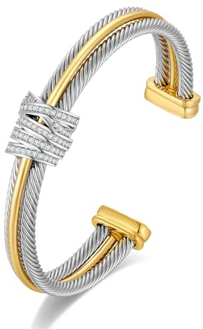 LILIE&WHITE Bracelet Jonc Femme Design Moderne, Élégant Bracelet Métal Bicolore Argent et Doré, Hypoallergénique, Accessoire Raffiné avec Strass