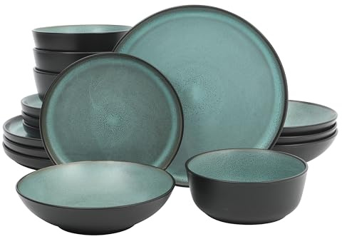 Gibson Elite Tribeca Loft 16-Piece Dinnerware Set – Matte Black and Green Reactive Glaze Stoneware, Double Bowl Round Plates and Bowls – Modern Rustic Tableware for 4, Dishwasher & Microwave Safe
