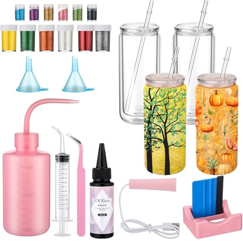 Skylety 4 Pack Snow Globe Tumbler Supplies Kit 16oz DIY Pre Drilled Double Wall Glass Cup 12 Colors Glitter Squeeze Bottle Funnel Tweezer Bent Syringe UV Resin Flashlight Cup Holder Scraper(Clear)