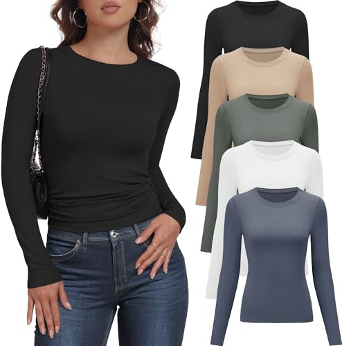 YOIOWVY Lot de 5 Tee Shirt Hauts Essentiels à Manches Longues pour Femmes Coupe ajustée Extensibles Col Ras du Cou t-Shirts Respirants à Superposer(L,Noir,Blanc,Nude,Vert,Bleu)
