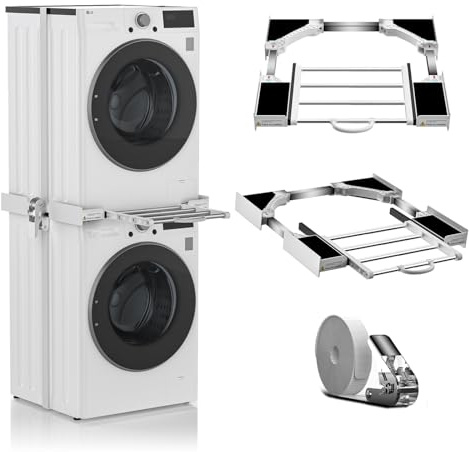 Kit Superposition Lave Linge Seche Linge Universel,avec Étendoir à linge Extensible,Support Machine a Laver Seche Linge avec Sangle a Cliquet,Cadre Intermédiaire pour Laver pour 54-73cm