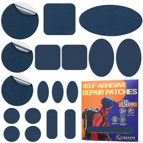 Toppe adesive per piumini Blu navy, 18 pezzi Toppe adesive per tessuti, toppa autoadesive per riparazione impermeabile, patch adesivi per tessuti in Nylon, kit riparazione per giubbotti
