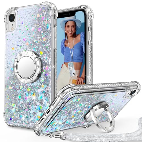 Unlicaku Glitter Case for iPhone XR, Ring Stand & Lanyard, Silver | Bling Sparkle Diamond Protective Phone Cover for Women Girls