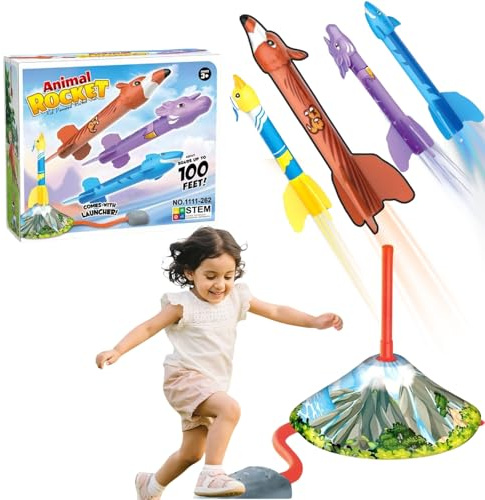 SIXHANS Stomp EVA Rocket Launcher for Kids - 4 Animal Themed Rockets Launch Up to 100ft, Easy Assembly STEM Soft Foam Blaster Set,Fun Backyard & Outdoor Rocket Stomper Gifts for Boys & Girls Age 3+