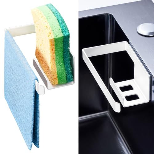 XILIMEN Kitchen Sink Caddy Tidy, Metal Sponge Holder for Kitchen Sink, 2 In 1 Dish Sponge and Dishcloth Holder with Adhesive, Kitchen Sink Organiser for Sponges, Gloves and Dish Cloth, White