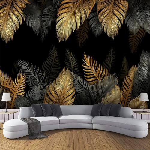 MIATCENRT Papel Tapiz Fotográfico Tropical Plantas, 400Anx280Al cm Fondo de Pantalla Hojas De Palma Papel Pintado, Decoración de Pared para Sala Restaurante Cuarto Oficina Salón, Oro negro