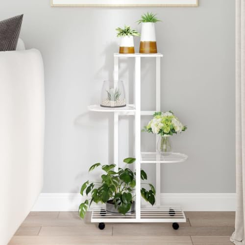 YUTAASU Portafiori Angolare in Ferro Bianco Scaffale Verticale con Ruote 44x23x80 cm Fioriera da Interno Ripiano Portaoggetti Struttura Robusta Montaggio Facile