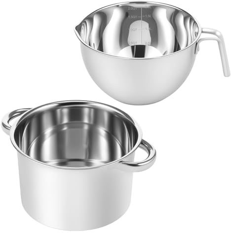 Wasserbad Schmelztopf Edelstahl,2.5L Wasserbad Schüssel und 1.8L Schmelztopf Schmelzschale mit Griff ,304 Edelstahl Schmelzschüssel,für Schokolade Creme Butter Kerzenwachs Machen Zucker Seifen