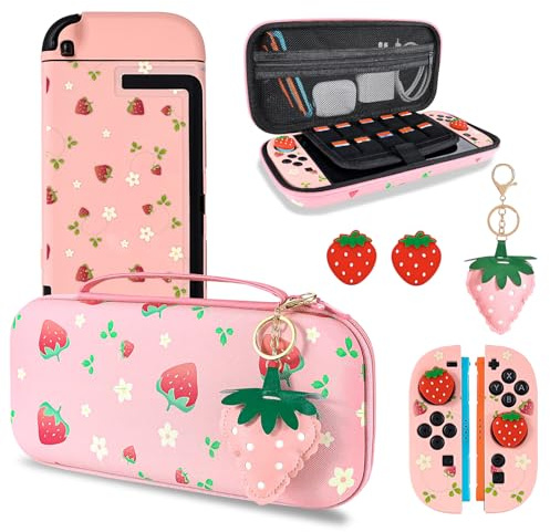 DLseego Étui de Transport pour Switch 2,Thème Fraise Boîtier Portable pour Jeux de Voyage avec Housse de Protection NS2 Dockable,2 Pièces de Poignées de Pouces et 1 Pièce de Breloque Fraise