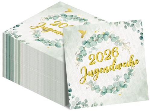 40 Stück Jugendweihe Deko Servietten - Grün Papierservietten mit Eukalyptus Design, Jugendweihe Servietten mit Aufschrift für Tischdeko Party-Deko Feier-Dekoration für Jugendweihe