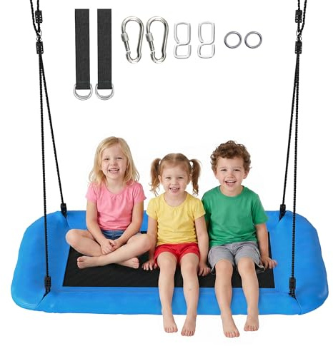 AIYAPLAY Nest Swing for Kids, Rectangular Tree Swing Seat with Adjustable Ropes and Tree Straps, 300KG Weight Capacity, for Indoor Outdoor Garden Playground Up to 4 Children, Blue