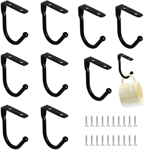 Vrexziy Tassenhalter Schrank, 10 Stück Deckenhaken Schwarz mit Schrauben, Tassenhaken unter dem Regal Metall Tassenhaken für Tassen Utensilien Mantel Hut Krawatte(Schwarze)