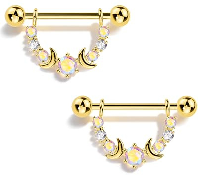 CM Crareesi Mania 14G Nipple Piercing Jewellery Gold Moon Star AB CZ Nipple Barbell Internally Threaded Nipple Rings for Women Body Piercing Jewelry