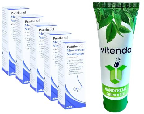 vitenda Set: Meerwasser Nasenspray mit Dexpanthenol zur Pflege trockener & gereizter Nasenschleimhaut, 5x20ml – inkl. vitenda Handcreme