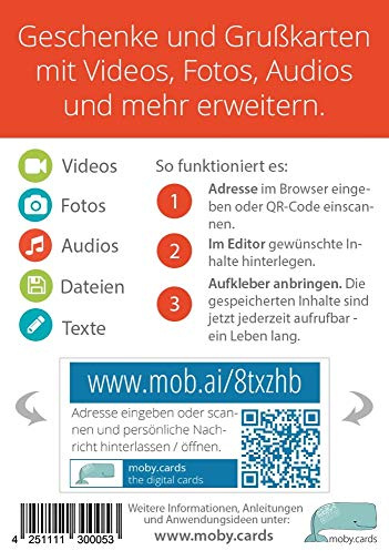 moby.cards 10x 1 QR-Code-Aufkleberbogen mit integr. Editor, Blau, Format A7 | Verbindet Geschenke u.v.m. mit eigenen Videos, Fotos, Audios, Texten etc., Digitale Card, OHNE zus. App