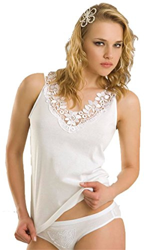 Maria Angel Débardeur en coton uni pour femme avec larges bretelles, col avec dentelle, design à lacet Cami Tank Camisole, blanc, 46-48