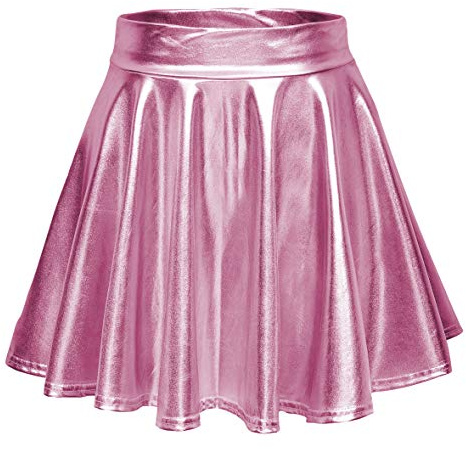 Damen Glänzend Höhe Taille Liquid Mini Rock Metallisch Elastische Taille A-Linien Pull On Skater Röcke (M, Rosa)