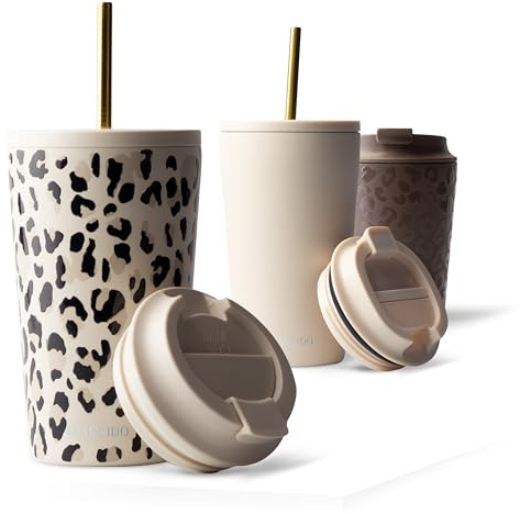 MAMEIDO Thermobecher mit Strohhalm 470 ml (Ivory Trace) | 4h heiß/12h kalt, auslaufsicher & BPA-frei mit Strohhalm- & Klappdeckel, Kaffeebecher to go aus Edelstahl – für Autohalter