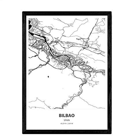 Nacnic affisch med karta över Bilbao - Spanien. Bilder på städer i Spanien med hav och floder i svart. A3 storlek med ram
