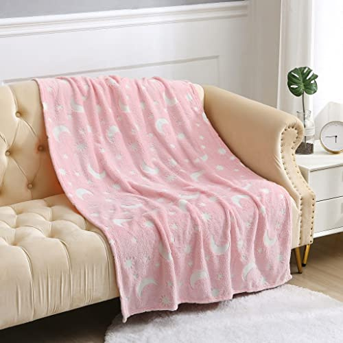 HBS Ltd Glow in the Dark Moon and Stars Space Grey Pink Kids Fleece Childrens Throw Blanket (Moon and Stars Pink)