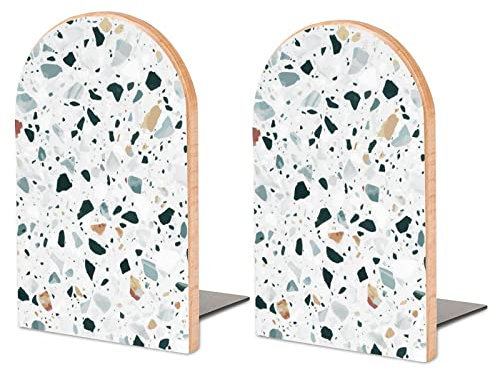 Packung Mit 2 Buchstützen Stein-Marmor-Muster Rutschfester Bücherständer Aus Holz Bücherregal Bücherhalter Für Home Desk Office Library