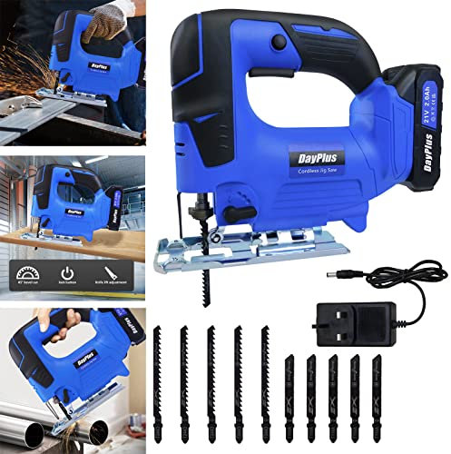 Cordless Jigsaw, Electric Jigsaw Tool with 2.0Ah Li-ion 21V Battery and Fast Charger, 10 * Blades, 45°Bevel Cutting & Tool-Less Blade Change & 4-Stage Orbital Setting for Wood Metal