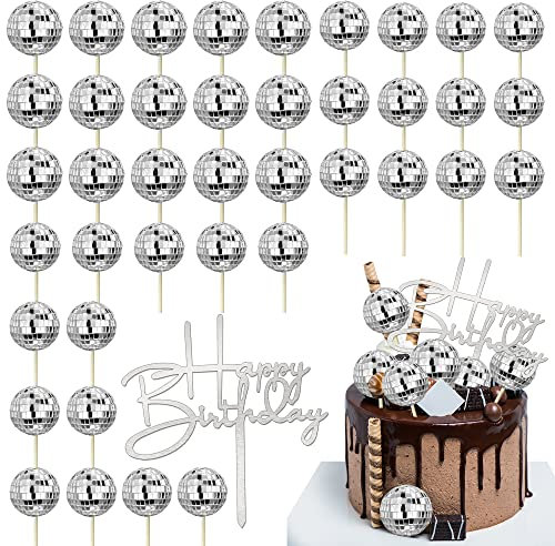 41 PCS Disco Ball Cupcake Toppers - Happy Birthday Cake Topper - 1970s Disco Ball Cake Decorations - 70s Theme Party Favor