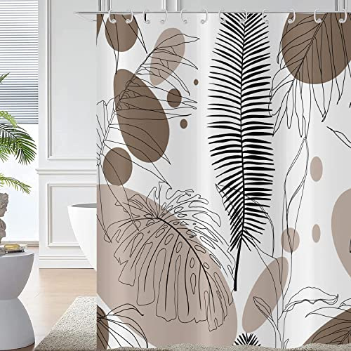 Hnmdmyi Duschvorhang Abstrakte Boho Blätter 180x200, Braun Mid Century Tropische Blatt Pflanze Badewanne Vorhang Modern Minimalistisch Geometrisch Wasserdicht Polyester Stoff Waschbar Badevorhang