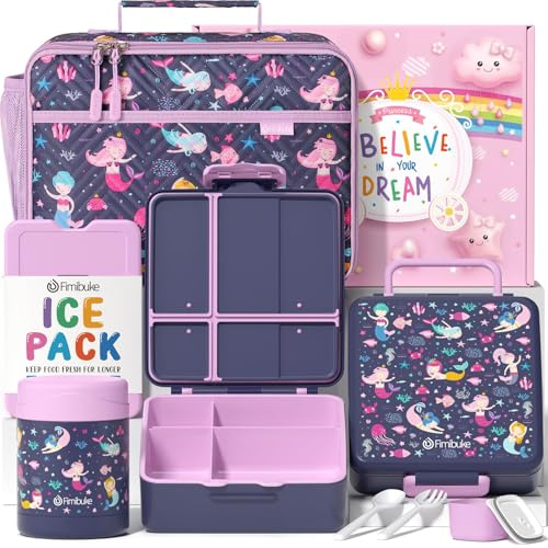 Fimibuke Kids Bento Snack Lunch Box with 4 Compartment, Insulated Lunch Bag, Stainless Steel Vacuum Thermo Food Jar, Ice Pack, Utensils Set, Birthday Gifts for Age 3-12 Back to School Toddler Girl Boy