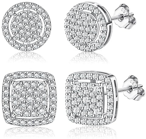 FASACCO Earrings for Men Sterling Silver Men's Earrings Silver Earrings for Men Iced Out Halo Square Earrings Set