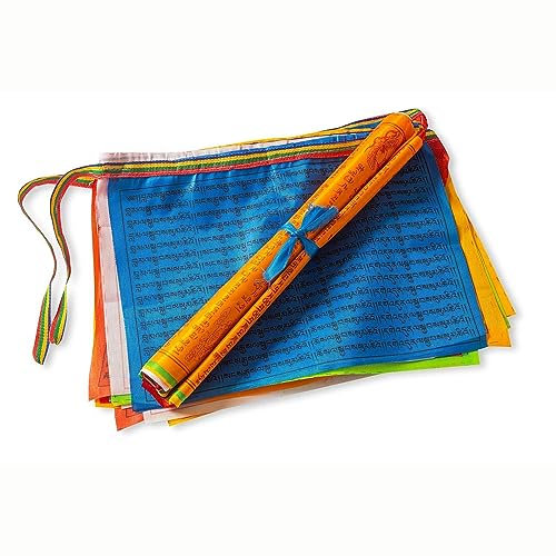 KALUROIL Bandiere Tibetane - Bandiere di Preghiera Tibetane - con Motivo Tradizionale in Seta e Legno per Decorazione Esterna e Interna - 35cm*34cm/20 fogli per un totale di 7 metri
