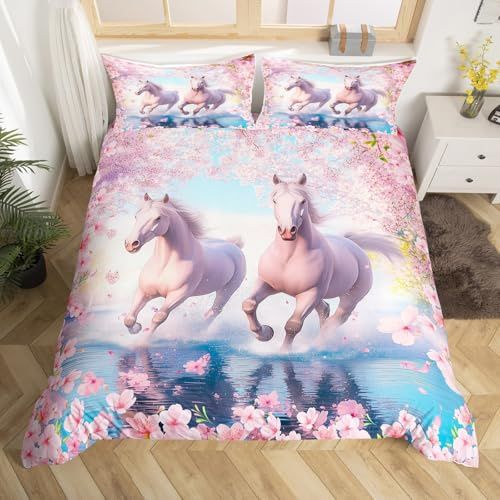 Watercolor Horse Duvet Cover Twin Size 2 Pcs Pink Cherry Blossom Wild Animals Bedding Set for Kids Girls Teens Dreamy Natural Flowers Plabts Decor Comforter Cover with 1 Pillowcase(No Comforter)