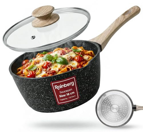 Rainberg Saucepan with Lid, Nonstick Milk Pan Suitable with Induction, Gas and Electric Hobs, Cooking Pot with Pour Spout. (Black, 18cm)