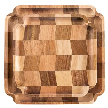 Set of 2 Wood Square Checkerboard Serving Trays | Decorative Coffee Table Trays & Food Platters for Home Decor (1 x 24 cm, 1 x 20 cm)