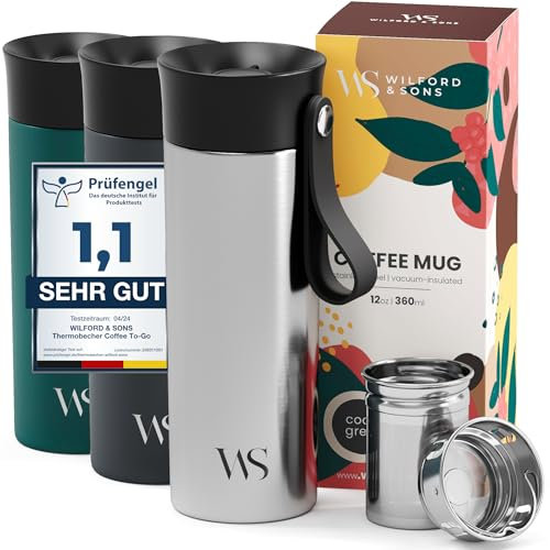 Travel Mug Coffee Cup Thermal with Carrying Strap & Tea Infuser | Leakproof, BPA Free + Dishwasher Safe, 360ml | to Go Coffee Mug + Tea Drinking Cup, Double-Walled Vacuum Insulated Stainless Steel