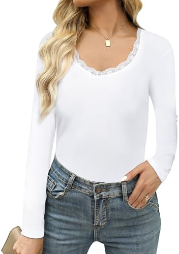 Crewhpo Camiseta Manga Larga para Mujer Básica Túnica Top con Encaje Cuello en V Blusas T-Shirt Clásico Elegante Causal Camisetas