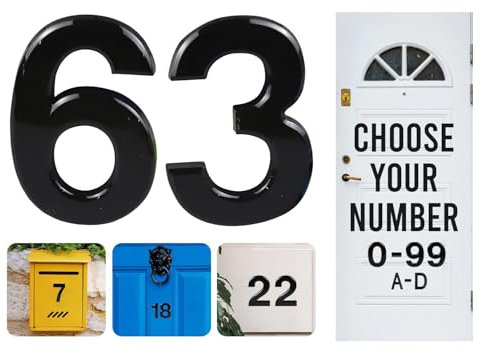 Numeri civici da 0 a 99 da 7,6 cm, numeri civici neri autoadesivi in ABS nero 3D numeri civici per porte, cassette postali, camere d'albergo (63)