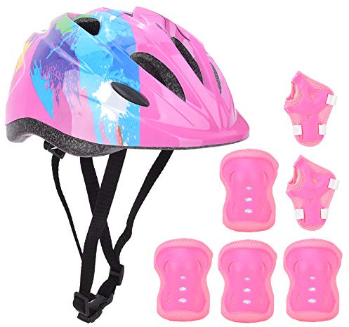 Oumefar 7pcs Kid Helmet Set Knee Pads , Kids Skating Bike Protective Gear Safety Helmet Knee Elbow Wrist Guard for 3~10 Years Boys Girls (Pink flower)