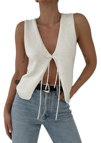 PDYLZWZY Jersey sin mangas para mujer, verano, básico, cuello en V, chaleco de punto de ganchillo, sexy, parte delantera abierta, con atado, Y2K, Blanco, S