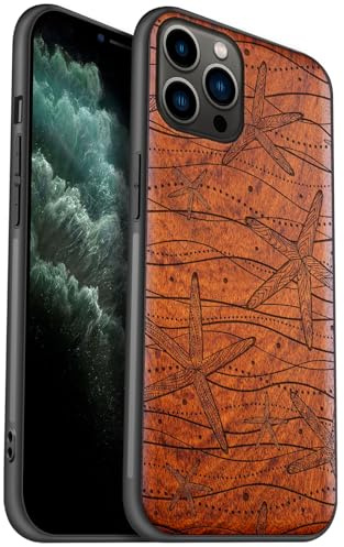 Carveit Coque en Bois pour iPhone 11 Pro Étui Protection Artistique Cover TPU Souple de téléphone Antichoc Compatible avec Apple 11 Pro Etui (Rosé-Tapisserie des étoiles de mer)