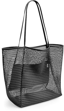 SSKHE Mesh Tote Bag, Beach Bag for Women with Zip Pocket, Extra Large Tote Bags, Shoulder Bag Summer Beach Bags Reusable Foldable Shopping Bag for Picnic Holiday Pool Gym Travel Grocery (Black)