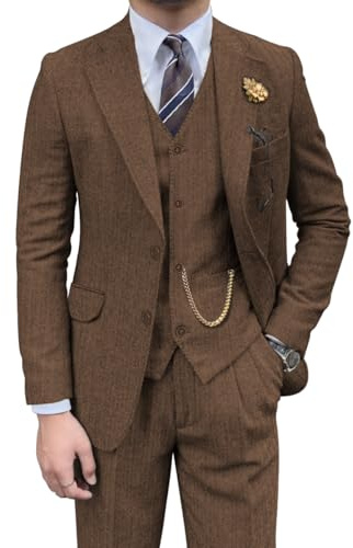 Retro Mens 3 Piece Suit Tweed Herringbone Slim Fit Suits Groomsmen Brown Tuxedos Set Prom Jacket Blazer Vest Pants for Men, Brown, S