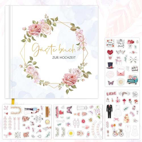 Mocrop Gästebuch Hochzeit Blanko Seite mit Wedding Sticker, 120 Seiten Hochzeit Gästebuch, Edle Gold Prägung, Hochzeitsgeschenk, Hochzeitsalbum für Erinnerungen 21x21cm