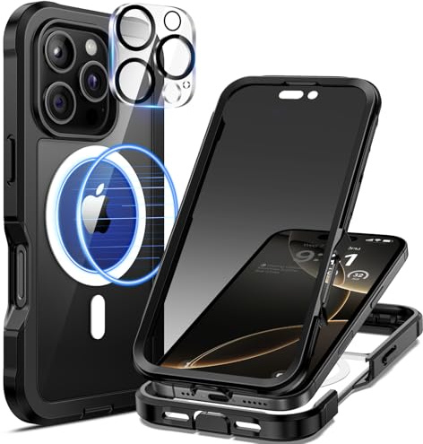 seacosmo Magnetic for iPhone 16 Pro Max Case with Privacy Screen Protector | Compatible with MagSafe, Camera Lens Protector, Full Body Bumper Military-Grade Drop Protection Shockproof Phone Cover, Black