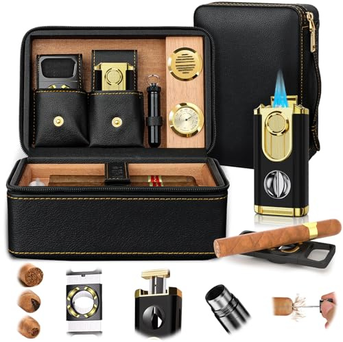 Kirenp Travel Cigar Humidor Set, 2-Layer Design Cedarwood Lined, with Cigar Lighter Built-in V Cutterholder, Cutter, Draw Enhancer, Hygrometer, Humidifier, Portable Leather Case, Gifts, for Men